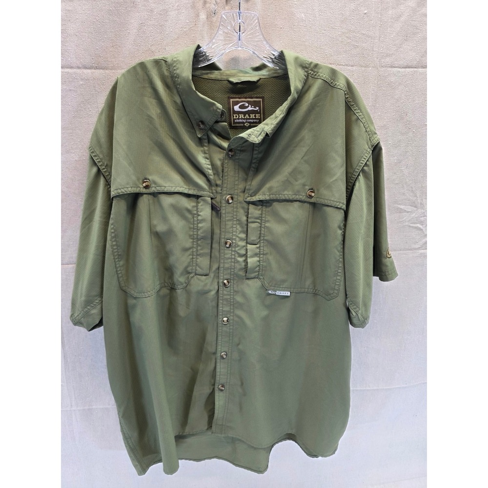 Drake Waterfowl Mens XL Short Sleeve Fishing Shirt Olive Green Vented Back 2007